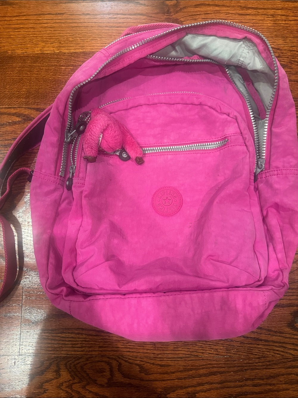 Kipling Vibrant Pink Nylon Backpack with Monkey Charm